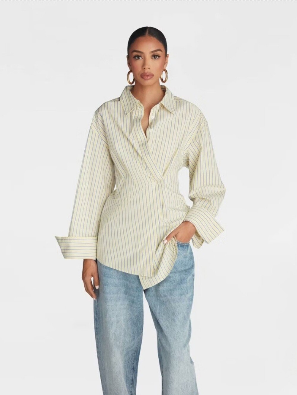 KBB by KAHLANA Women's Long Sleeve Button-Down 'The Wrap Shirt' - Yellow Striped